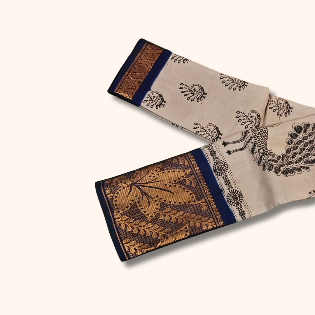 Grey Peacock Printed Sungudi Cotton Saree with Floral Border