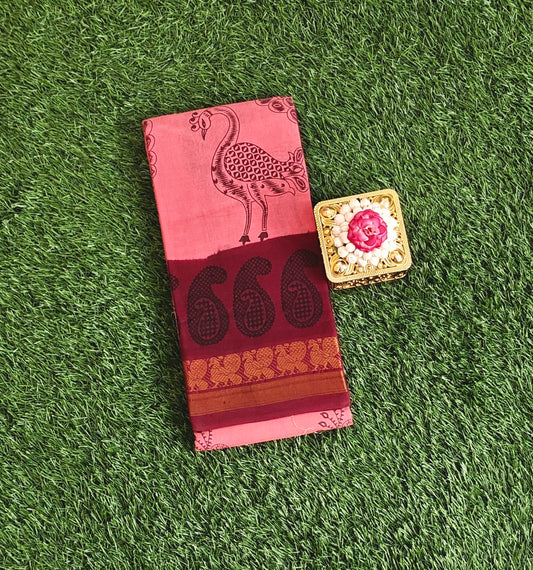 Coral Pink Sungudi Cotton Saree with Maroon Border & Traditional Peacock Prints