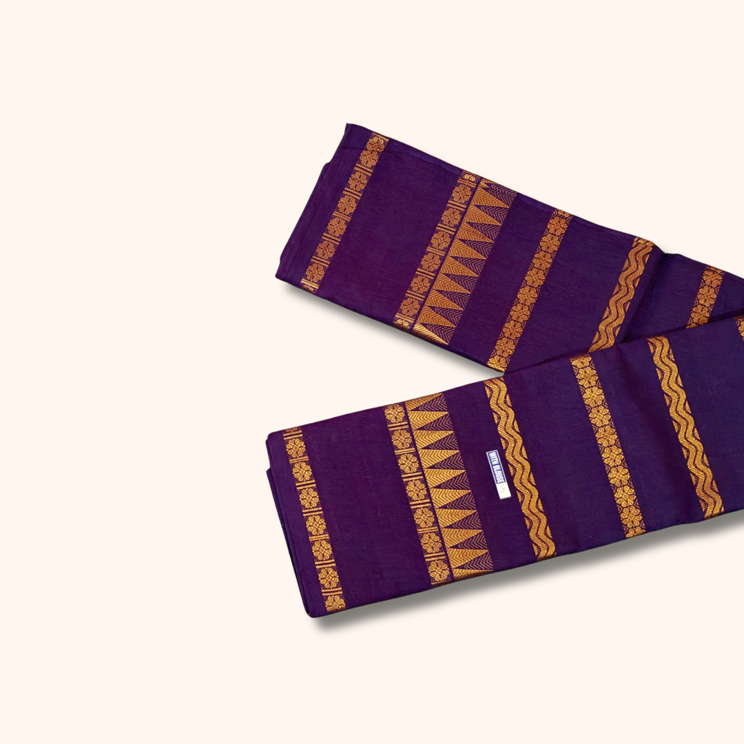 Purple Cotton Saree with Traditional Gold Zari Stripes – Separate Blouse Piece