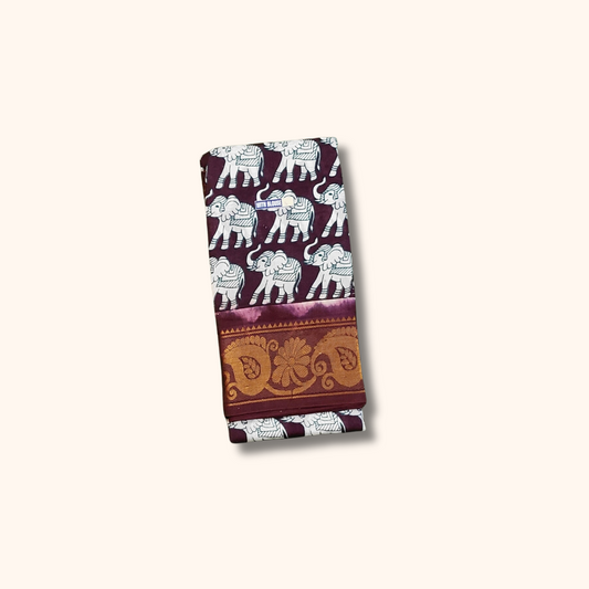 Wine Maroon Elephant Print Sungudi Cotton Saree with Traditional Border