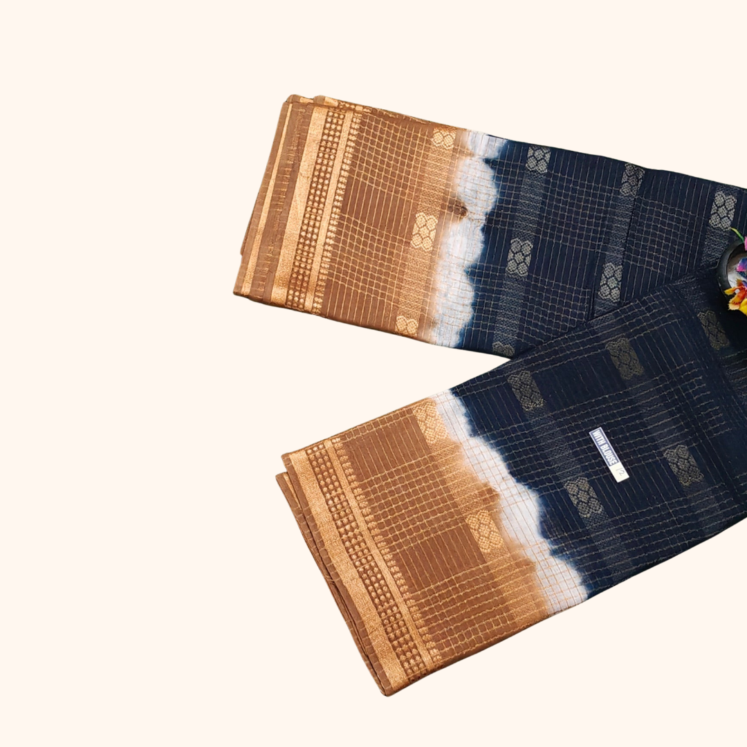 Midnight Blue Thread Work Sungudi Saree with Copper Zari Border