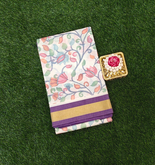 Beautiful Cotton Printed Saree with Floral Design β Off White with Purple Border