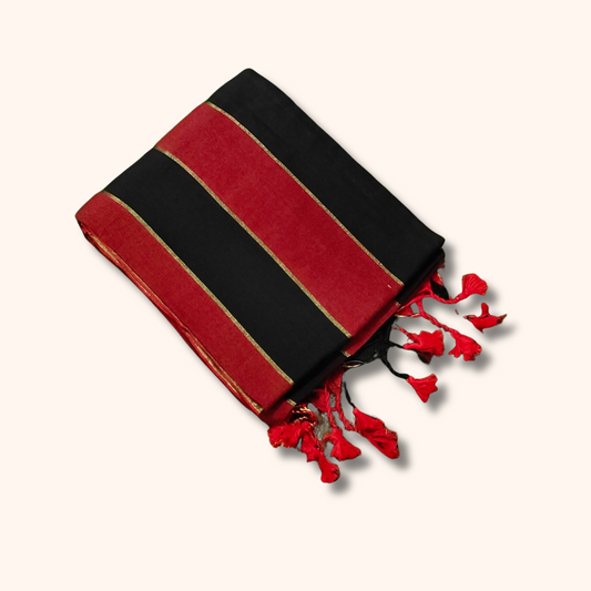 Mulmul Cotton Saree in Classic Black & Red Stripes with Tassel Pallu