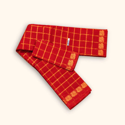 Bright Red Pavithra Kattam Cotton Saree with Gold Elephant Border