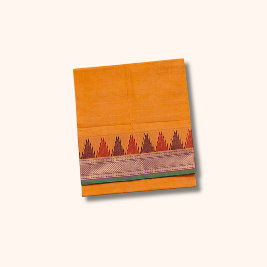 Yellow Chettinad Cotton Saree with Traditional Temple Border – Without Blouse