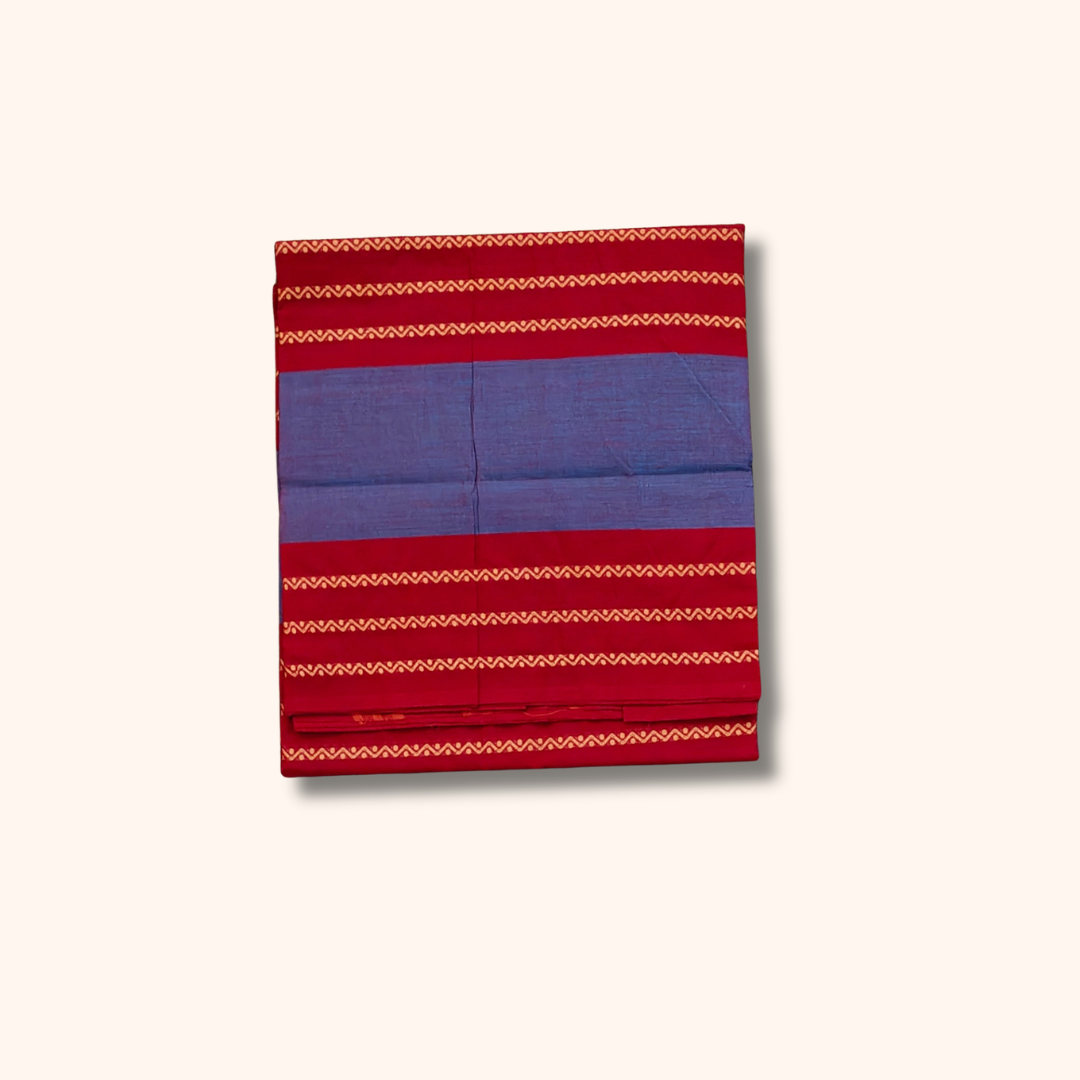 Blue Chettinad Cotton Saree with Red Border and Gold Zigzag Design – Without Blouse