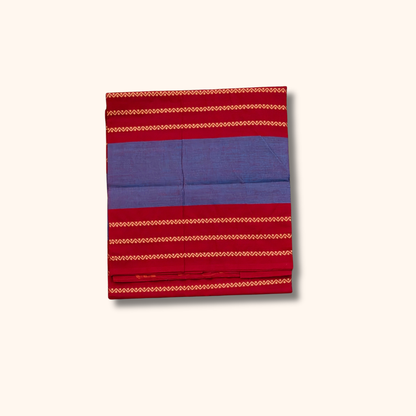 Blue Chettinad Cotton Saree with Red Border and Gold Zigzag Design – Without Blouse