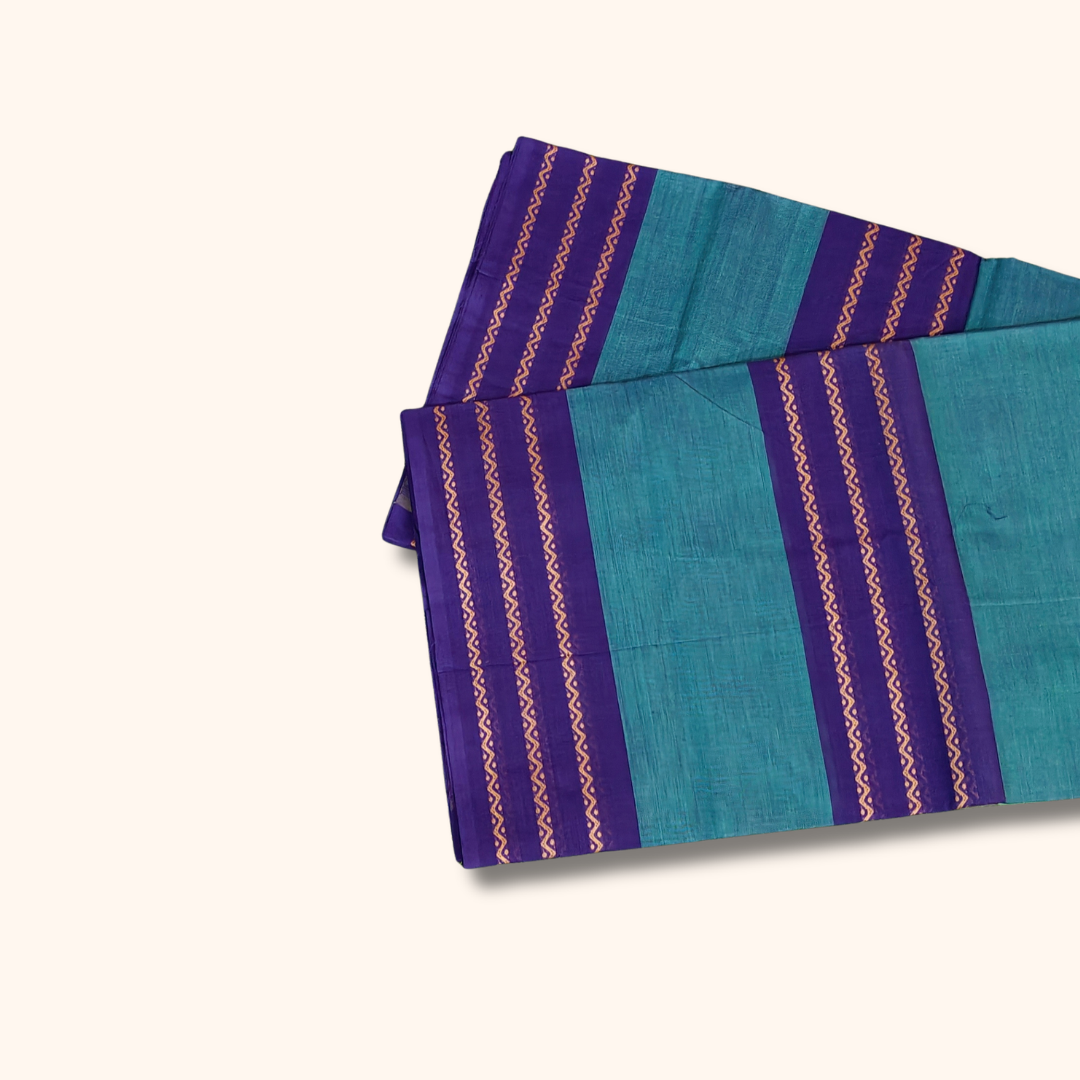 Turquoise Blue and Purple Chettinad Cotton Saree with Traditional Zigzag Border – Without Blouse