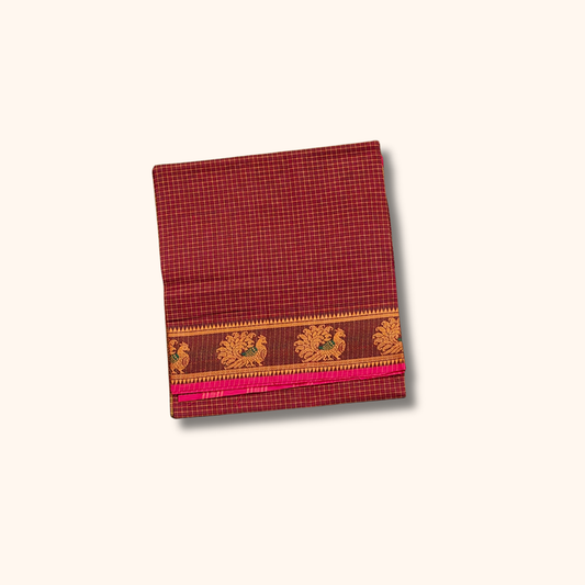 Maroon Chettinad Cotton Saree with Peacock Zari Border – Without Blouse