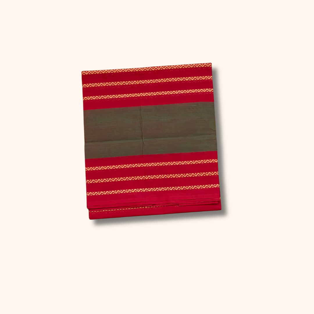 Olive Green Chettinad Cotton Saree with Red Border and Gold Pattern