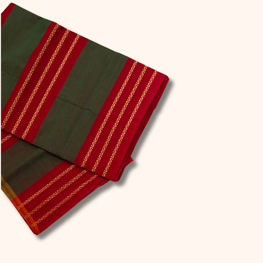 Olive Green Chettinad Cotton Saree with Red Border and Gold Pattern