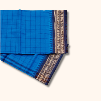 Royal Blue Chettinad Cotton Saree with Navy Blue and Gold Border – Running Blouse Included