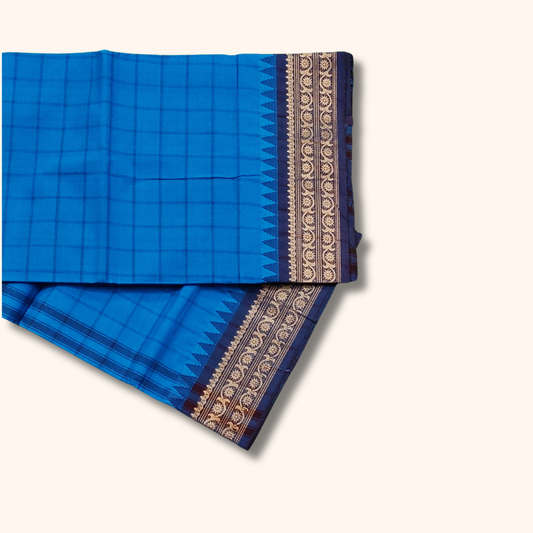 Royal Blue Chettinad Cotton Saree with Navy Blue and Gold Border – Running Blouse Included