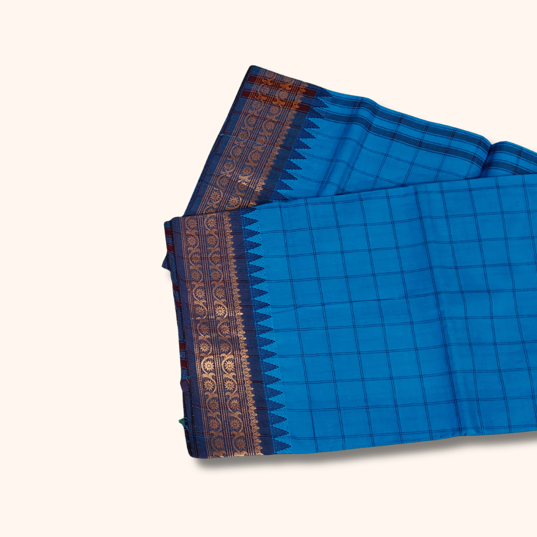 Royal Blue Chettinad Cotton Saree with Navy Blue and Gold Border – Running Blouse Included