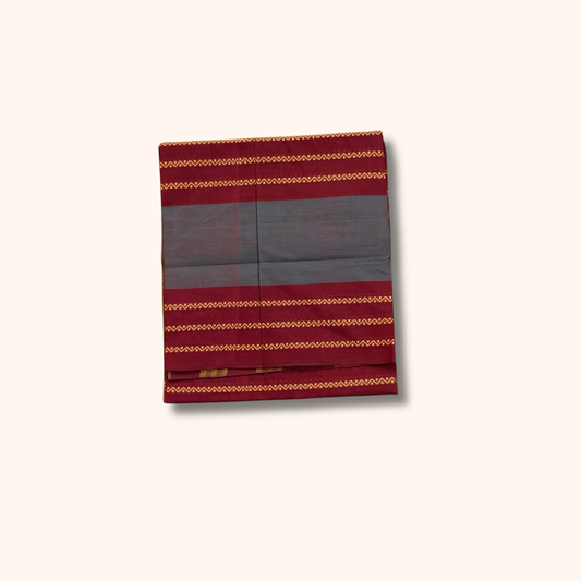 Grey Chettinad Cotton Saree with Maroon Border and Gold Pattern - without blouse