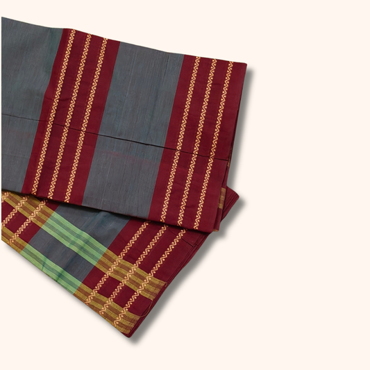 Grey Chettinad Cotton Saree with Maroon Border and Gold Pattern - without blouse