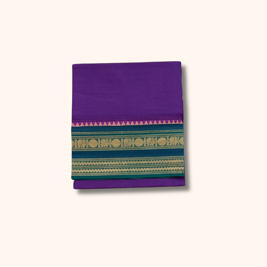 Purple Chettinad Cotton Saree with Teal Blue and Gold Border – Running Blouse