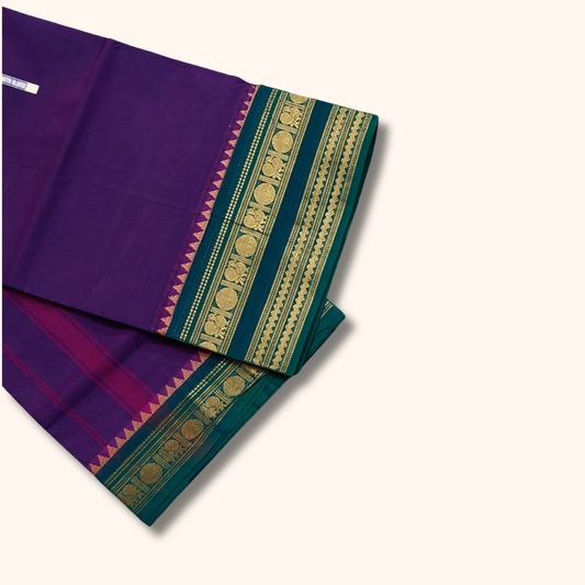 Purple Chettinad Cotton Saree with Teal Blue and Gold Border – Running Blouse