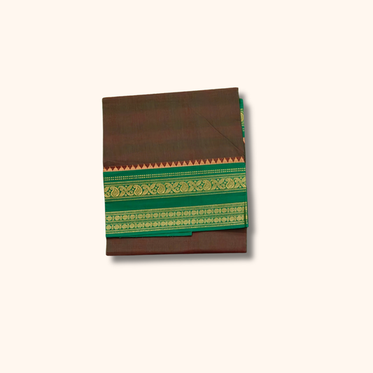Coffee Brown Chettinad Cotton Saree with Green and Gold Zari Border – Running Blouse Included