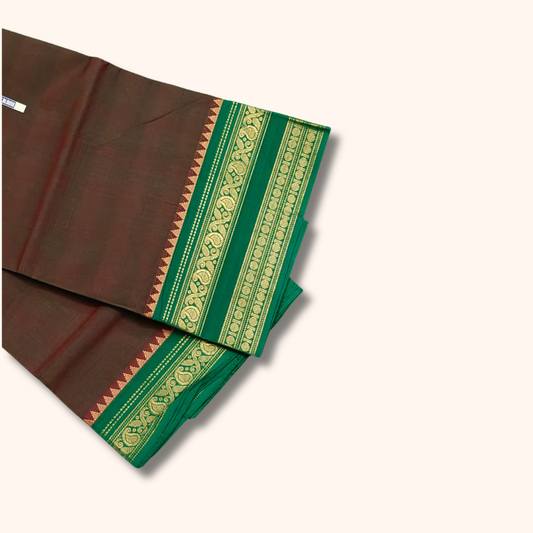 Coffee Brown Chettinad Cotton Saree with Green and Gold Zari Border – Running Blouse Included