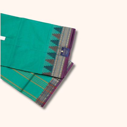 Turquoise Blue Chettinad Cotton Saree with Traditional Temple Border – Without Blouse