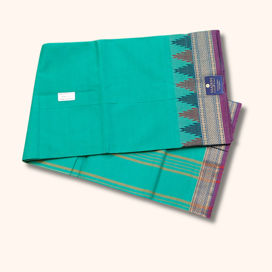 Turquoise Blue Chettinad Cotton Saree with Traditional Temple Border – Without Blouse