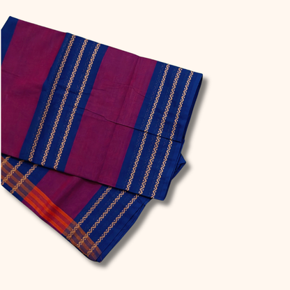 Purple and Royal Blue Chettinad Cotton Saree with Traditional Striped Border – Without Blouse