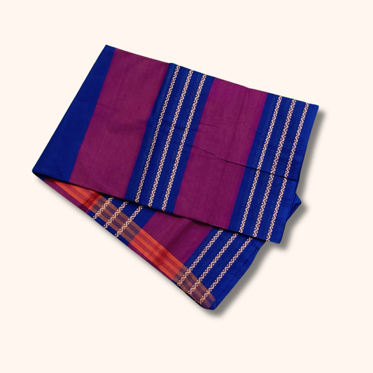 Purple and Royal Blue Chettinad Cotton Saree with Traditional Striped Border – Without Blouse