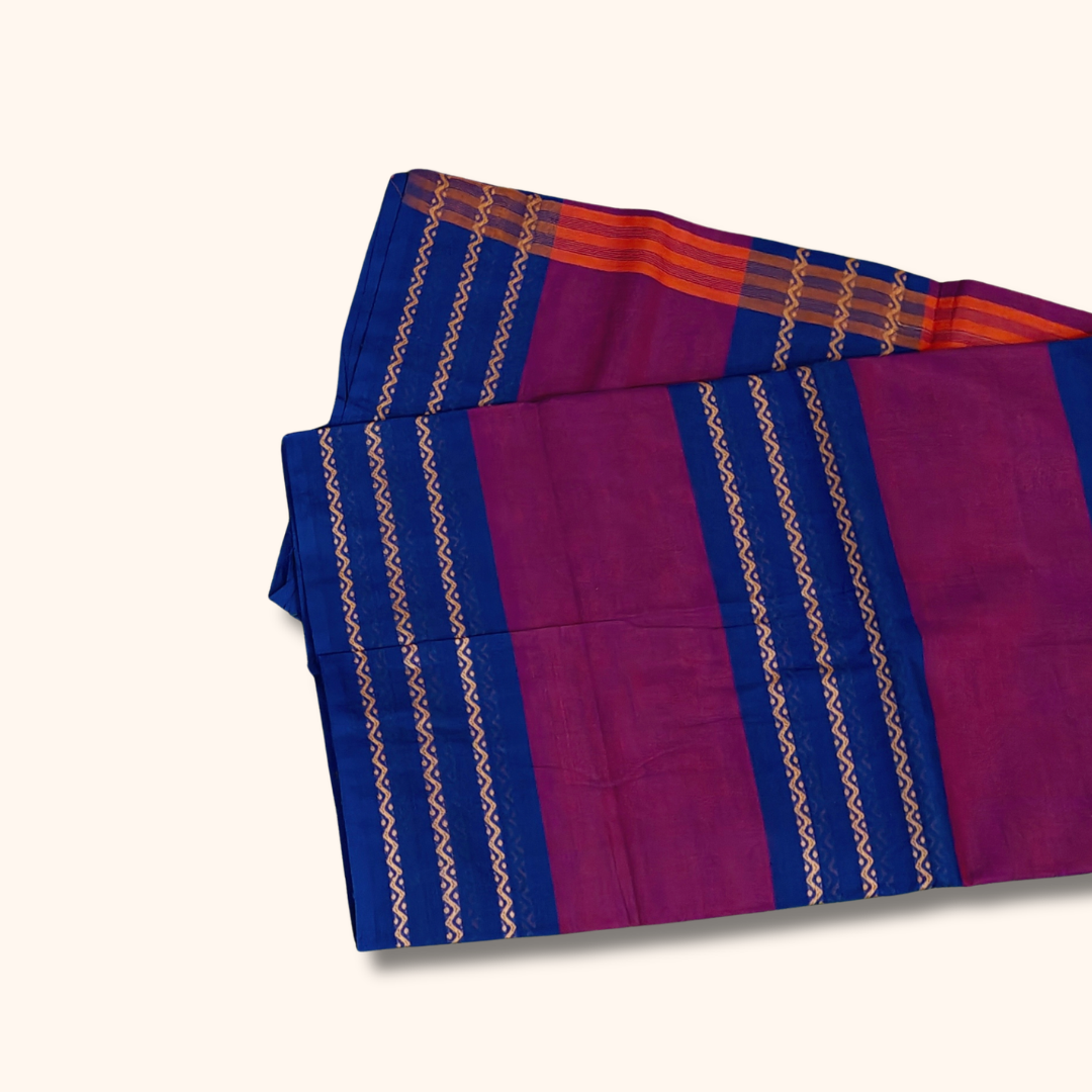Purple and Royal Blue Chettinad Cotton Saree with Traditional Striped Border – Without Blouse