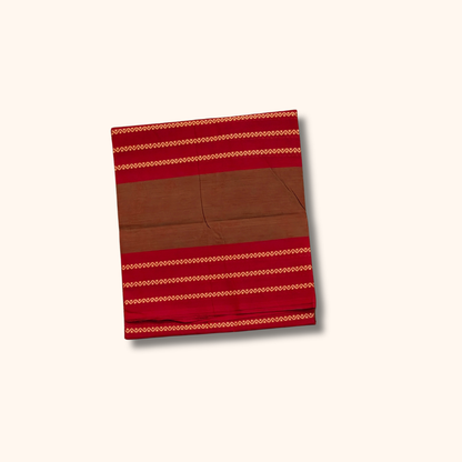Coffee Brown Chettinad Cotton Saree with Maroon and Gold Border – Without Blouse