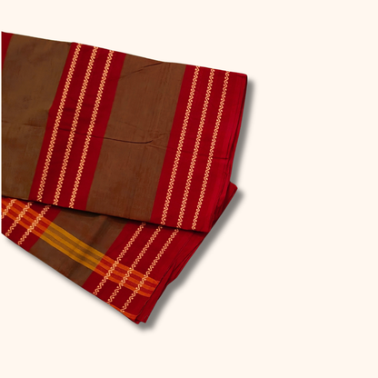 Coffee Brown Chettinad Cotton Saree with Maroon and Gold Border – Without Blouse