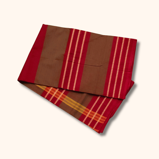 Coffee Brown Chettinad Cotton Saree with Maroon and Gold Border – Without Blouse