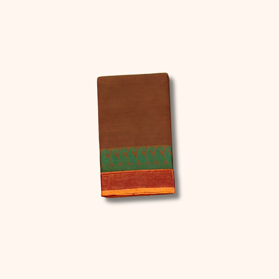 Coffee Brown Chettinad Cotton Saree with Green and Orange Border – Without Blouse