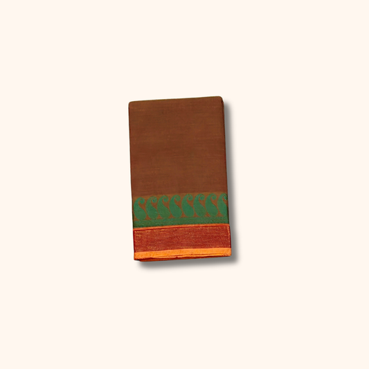 Coffee Brown Chettinad Cotton Saree with Green and Orange Border – Without Blouse