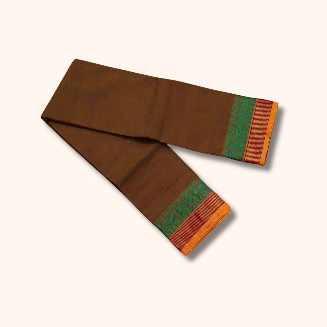 Coffee Brown Chettinad Cotton Saree with Green and Orange Border – Without Blouse