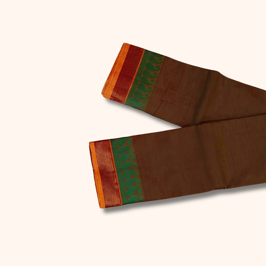 Coffee Brown Chettinad Cotton Saree with Green and Orange Border – Without Blouse