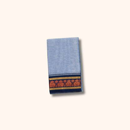Light Blue Chettinad Cotton Saree with Navy Blue and Copper-Gold Border – Without Blouse