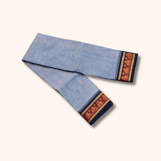 Light Blue Chettinad Cotton Saree with Navy Blue and Copper-Gold Border – Without Blouse