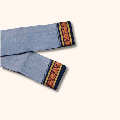 Light Blue Chettinad Cotton Saree with Navy Blue and Copper-Gold Border – Without Blouse
