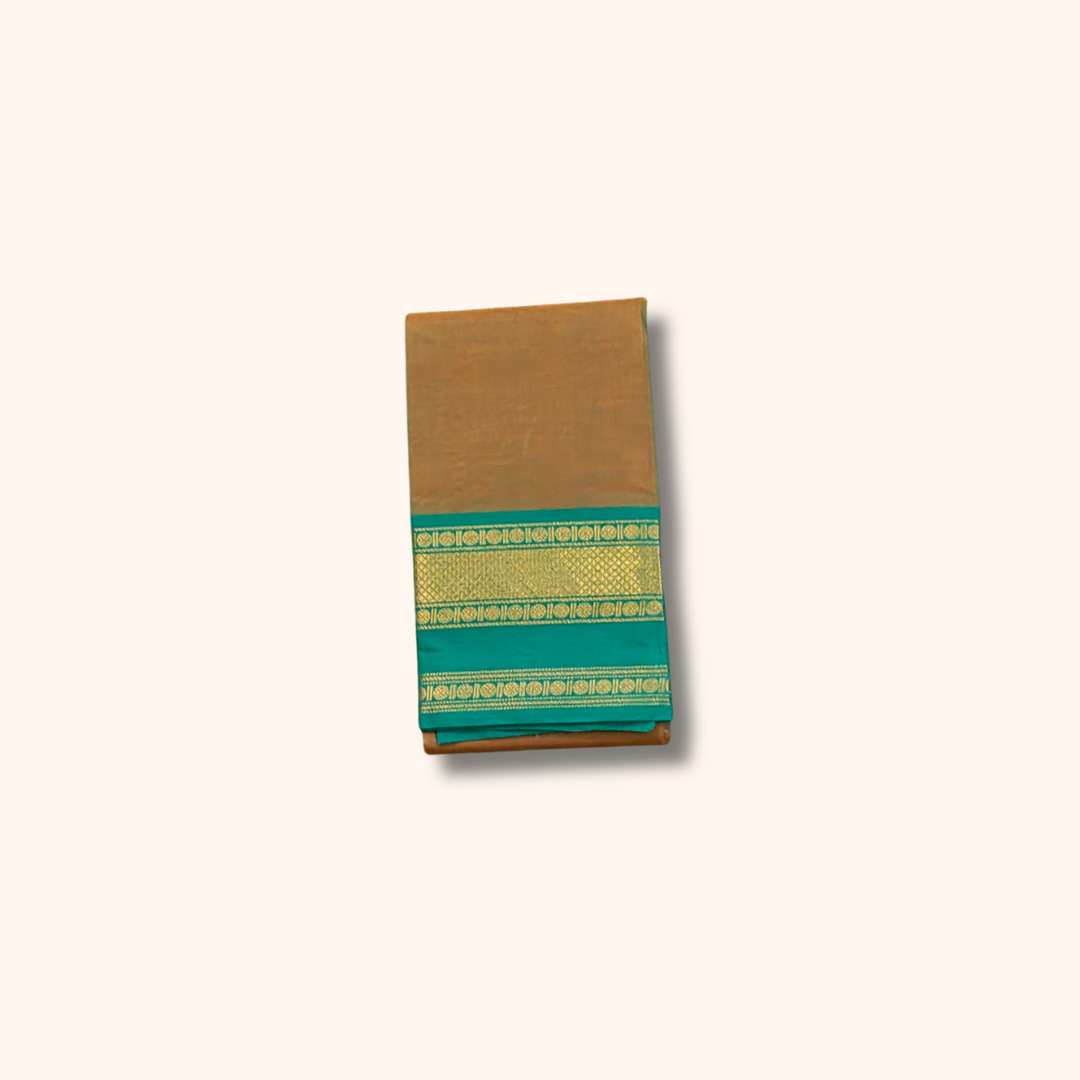 Coffee Brown Chettinad Cotton Saree with Teal Green and Maroon Border – Without Blouse