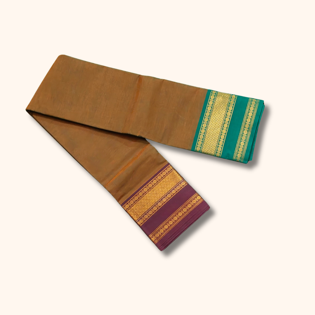 Coffee Brown Chettinad Cotton Saree with Teal Green and Maroon Border – Without Blouse