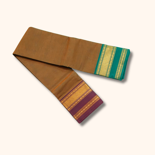 Coffee Brown Chettinad Cotton Saree with Teal Green and Maroon Border – Without Blouse