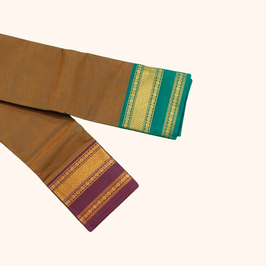 Coffee Brown Chettinad Cotton Saree with Teal Green and Maroon Border – Without Blouse