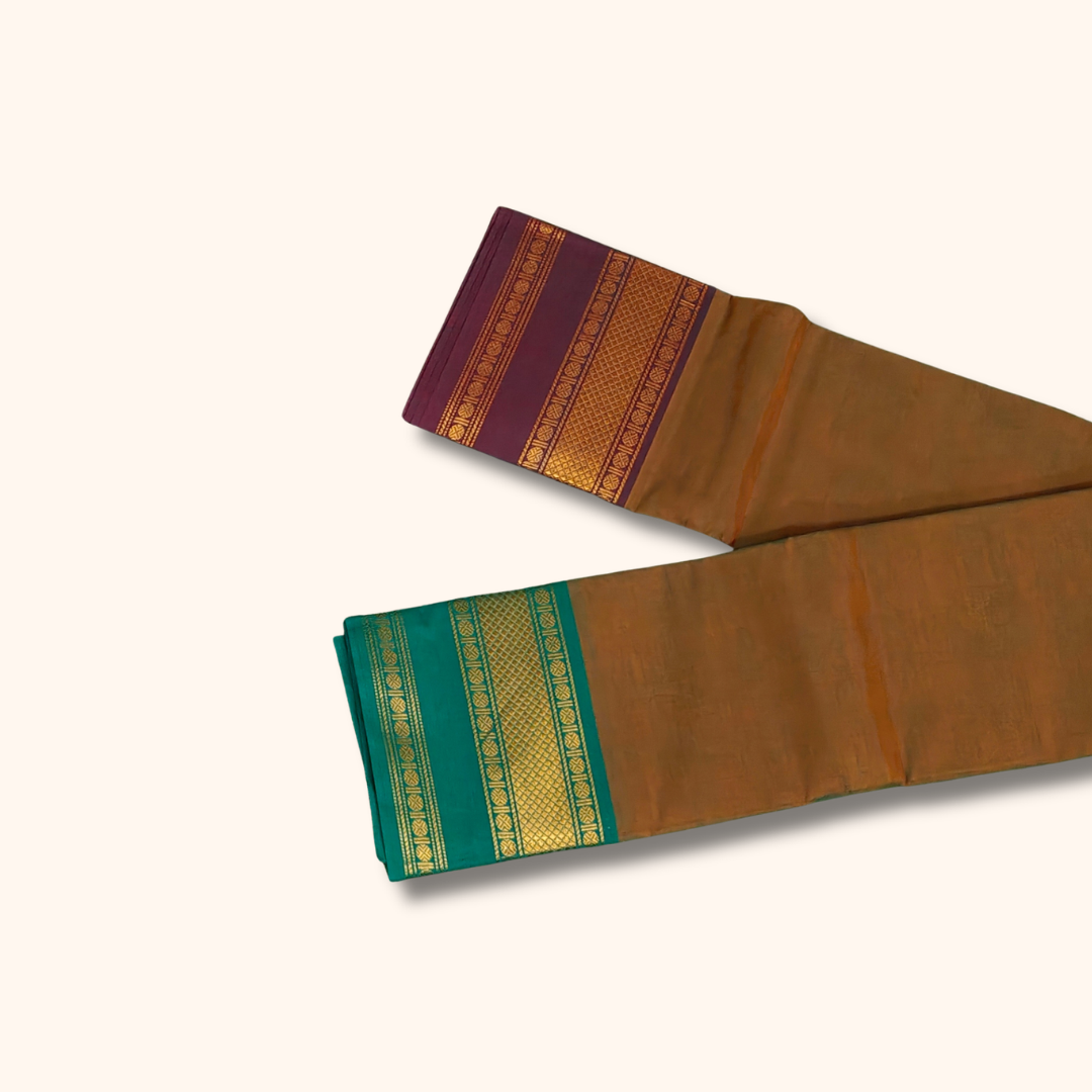 Coffee Brown Chettinad Cotton Saree with Teal Green and Maroon Border – Without Blouse