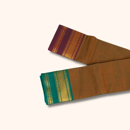 Coffee Brown Chettinad Cotton Saree with Teal Green and Maroon Border – Without Blouse