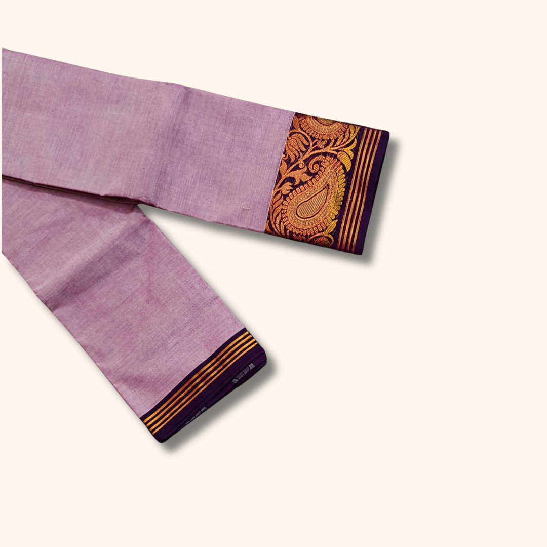 Lavender Chettinad Cotton Saree with Purple and Gold Zari Border - Without Blouse