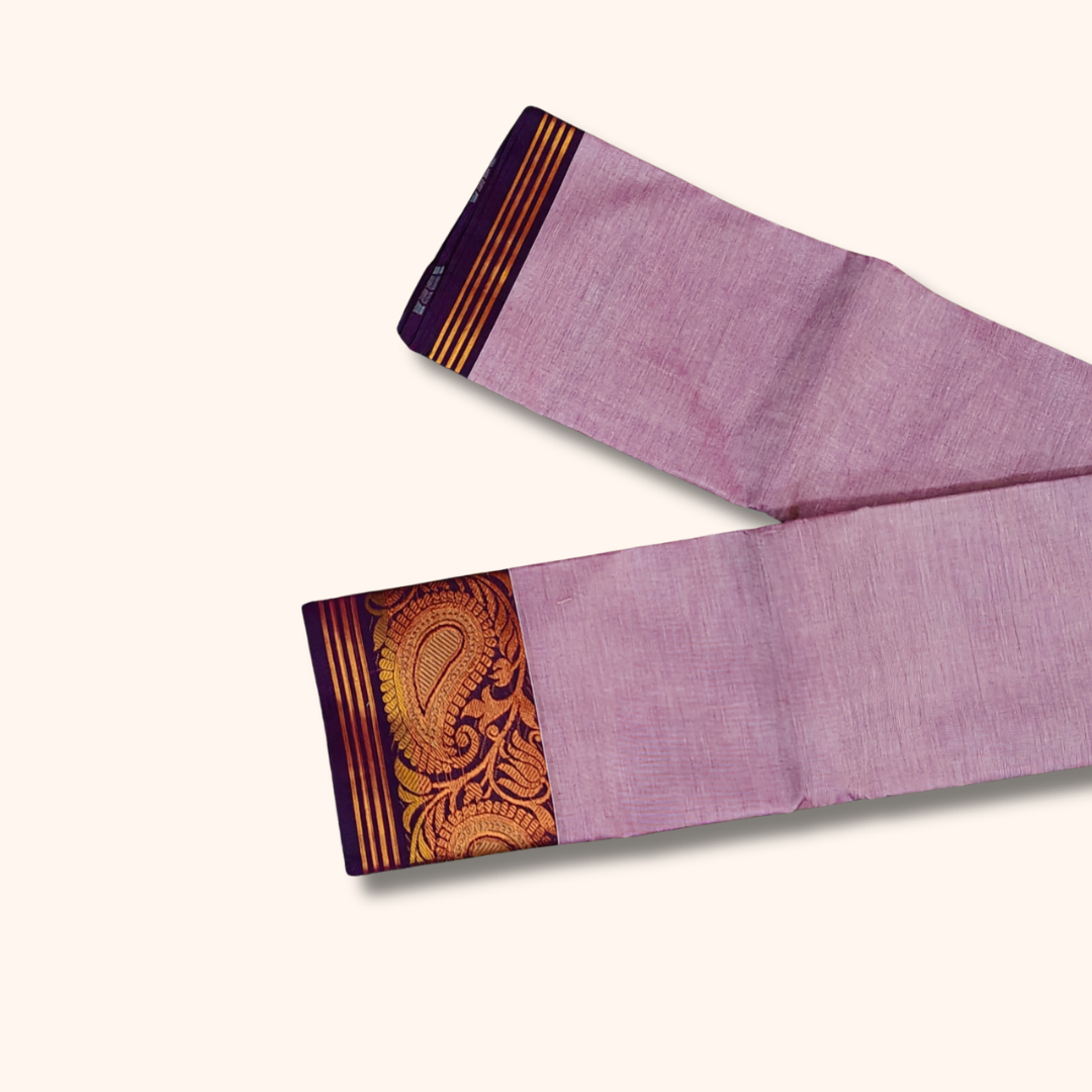 Lavender Chettinad Cotton Saree with Purple and Gold Zari Border - Without Blouse