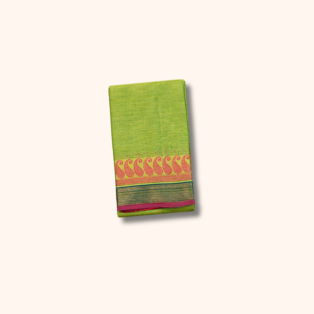 Parrot Green Chettinad Cotton Saree with Pink and Green Border - Without Blouse