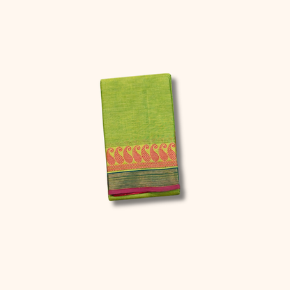 Parrot Green Chettinad Cotton Saree with Pink and Green Border - Without Blouse