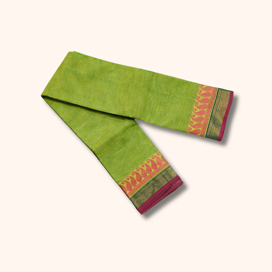 Parrot Green Chettinad Cotton Saree with Pink and Green Border - Without Blouse
